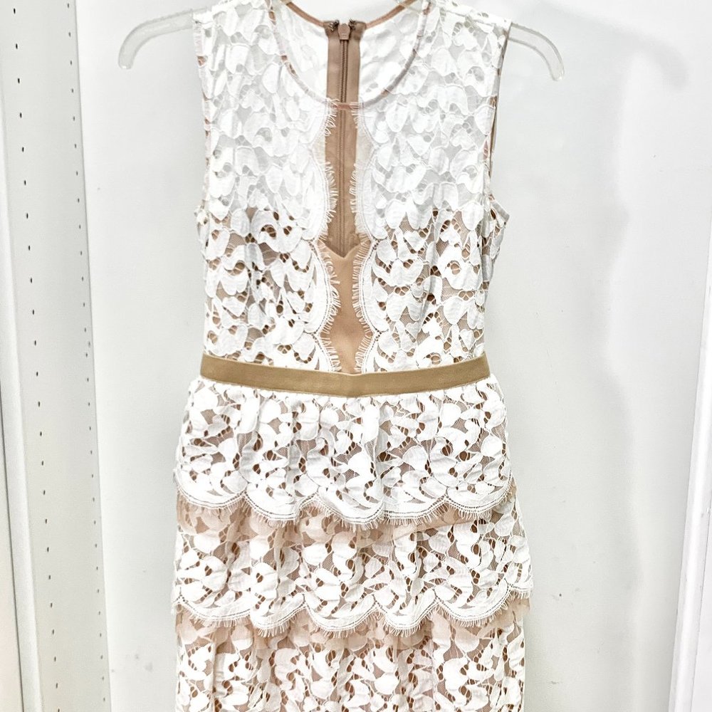 BCBG MaxAzria off-whtie lace peplum "Sophea" cocktail dress